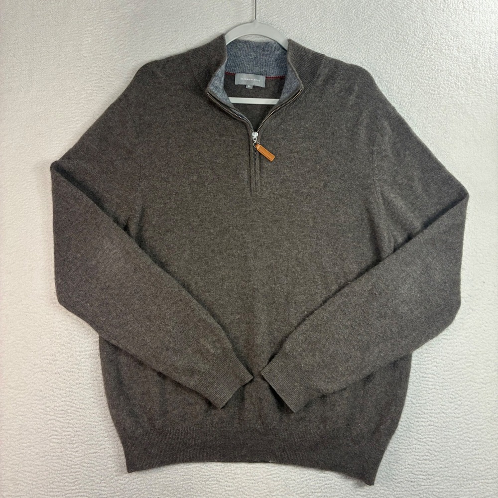 Neiman Marcus Merino Wool Cashmere Quarter Zip Sweater Men XL Brown Luxury Soft